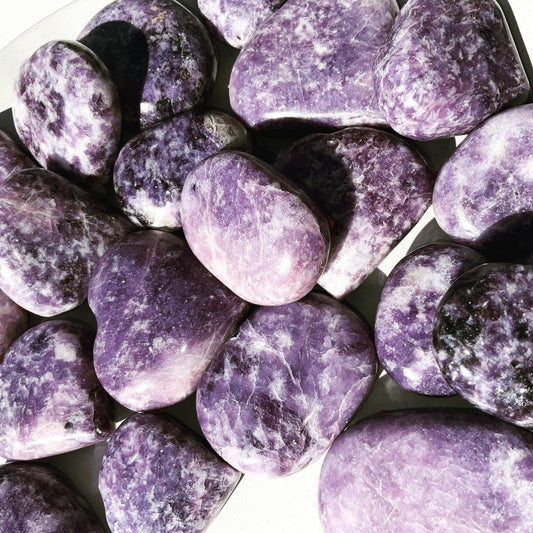 Lepidolite hearts and palmstones